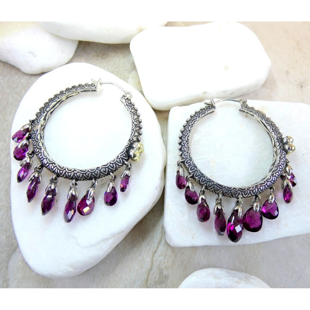 BARBARA BIXBY Rhodolite Garnet Sterling Silver 18K Gold Hoop Flower Earrings